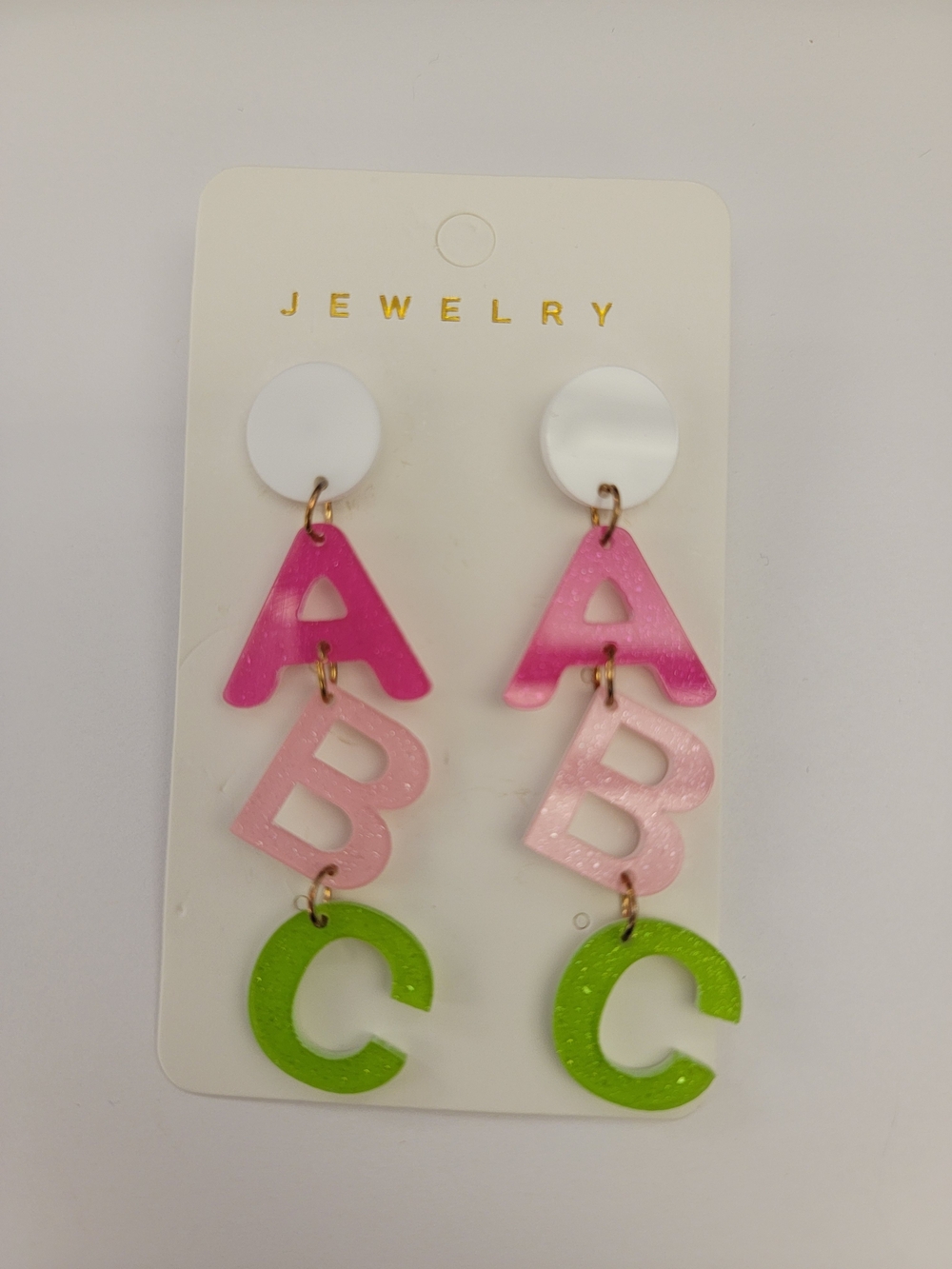 'ABC' Letter Drop Earrings - Pink, Light Pink & Green
